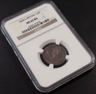 1858 Farthing,  Great Britain,  Uncirculated And Certified Ms 62 Bn By Ngc photo
