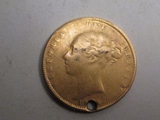 18x4 (die 66) Gold Half Sovereign.  Great Britain.  Young Head Victoria.  Hole photo