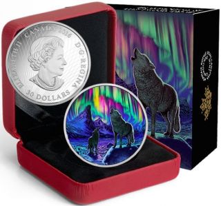 Northern Lights Moonlight Canada $30 Pure Silver Coin Glow In Dark. photo