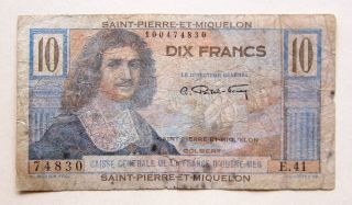Saint Pierre & Miquelon 10 Francs 1950 - 1960 (circulated Banknote) photo