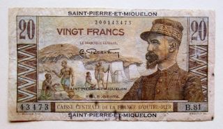 Saint Pierre & Miquelon 20 Francs 1950 - 1960 (circulated Banknote) photo