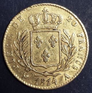 France Frankreich Louis - Xviii Gold 20 Francs 1814 A First Restoration photo