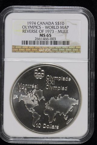 Ngc Ms65 1974 Canada Silver $10 Olympics World Map Reverse Of 1973 Mule Error photo