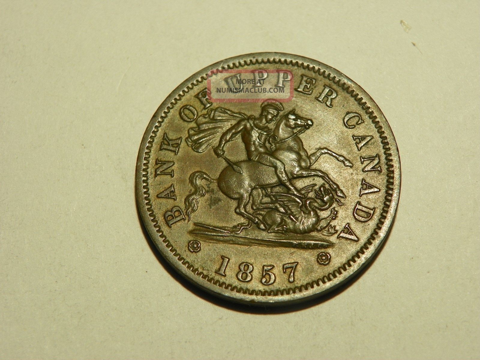 1857 Token One Penny Bank Of Upper Canada Large Copper Cent Real Coins: Canada photo