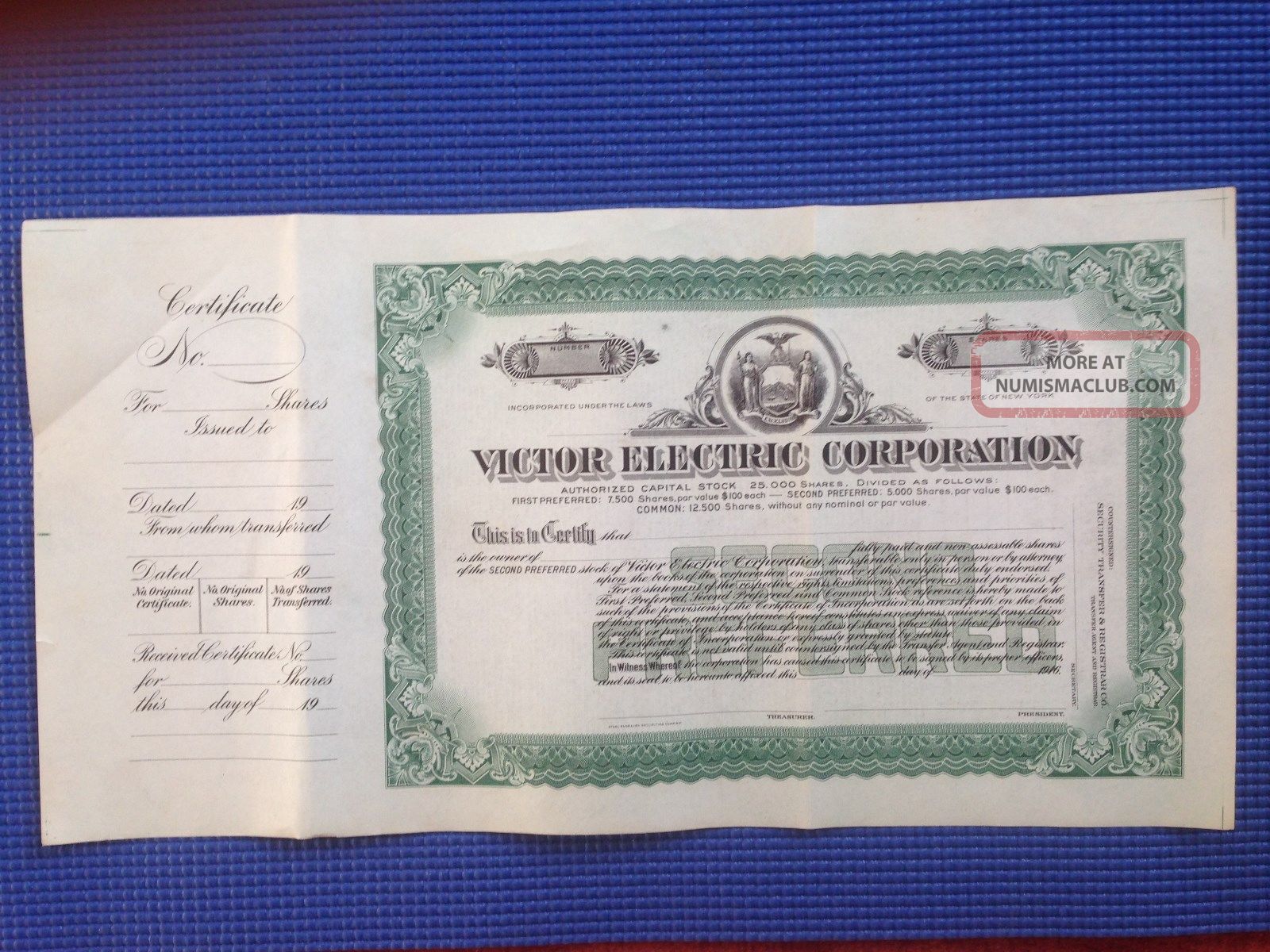 Unissued Stock Certificate For Victor Electric Corporation From 1916 Stocks & Bonds, Scripophily photo