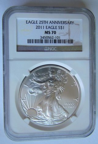 2011 S$1 25th 25th Anniversary American Silver Eagle Ngc Ms70 Broun Label photo