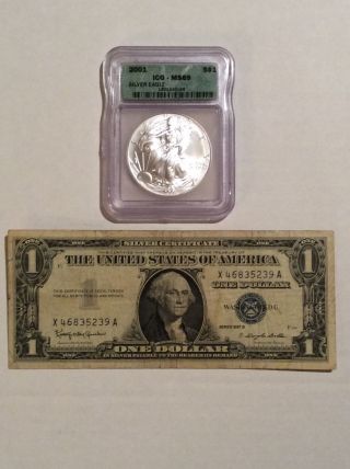 2001 Ms69 Icg Silver Eagle With Silver Certificate photo