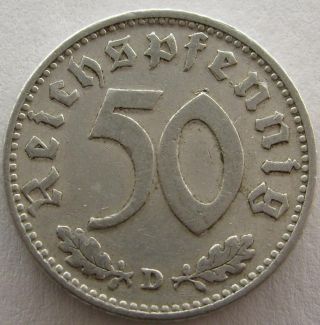 Wwii Antique Iii Reich Coin 50 Pfennig 1935 D Germany Big Eagle (zwr13) photo