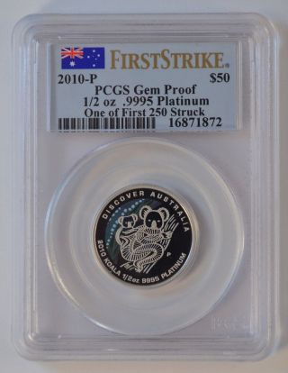 2010 - P Discover Australia $50 1/2 Oz Platinum Coin/koala - Pcgs Gem Prf.  /a2158 photo
