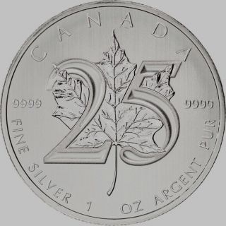 2013 25th Anniversary Of The Canada Maple Leaf.  9999 One Troy Ounce Pure Silver photo