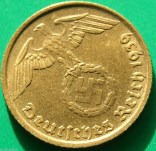German Nazi Brass Coin 5 Rp 1939 D photo