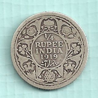 British India - 1919 - King George V Emperor - 1/4 Rupee - Rare Silver Coin photo