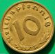 German Nazi Brass Coin 10 Rp 1938 E Germany photo 1