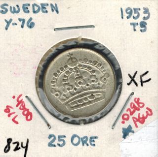 1953 Ts Sweden 25 Ore Silver Km 824 Ex Finedetail photo