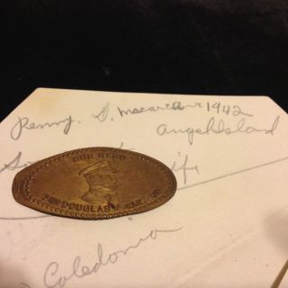 1942 Ww2 Era Our Hero General Douglas Macarthur Elongated Souvenir Penny Rare photo
