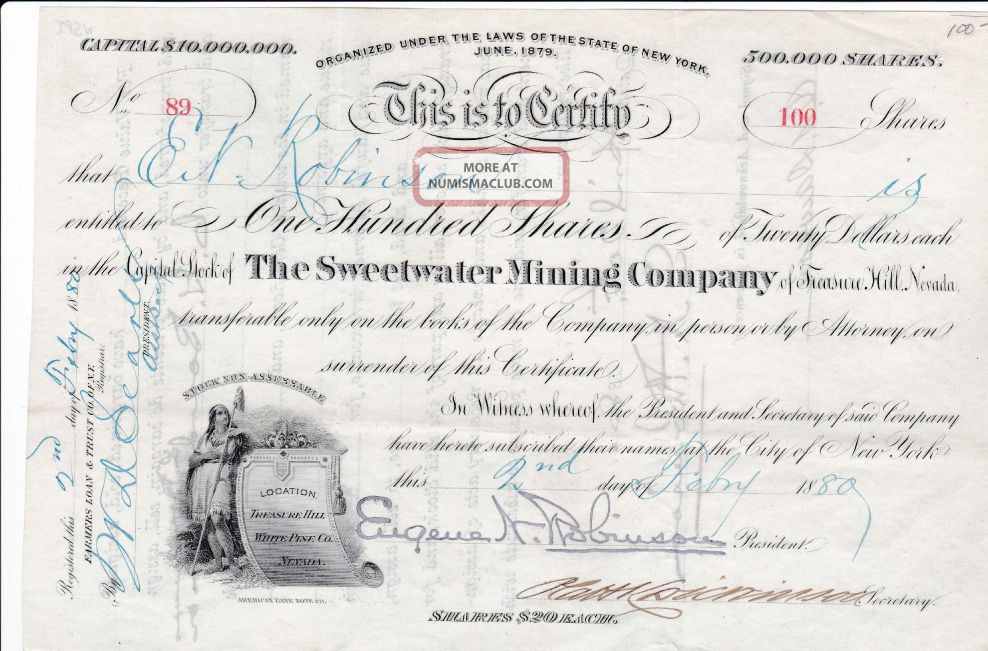 1880 Sweetwater Mining Co. ,  Treasuer Hill,  White Pine,  Nevada Stock Cert. Stocks & Bonds, Scripophily photo
