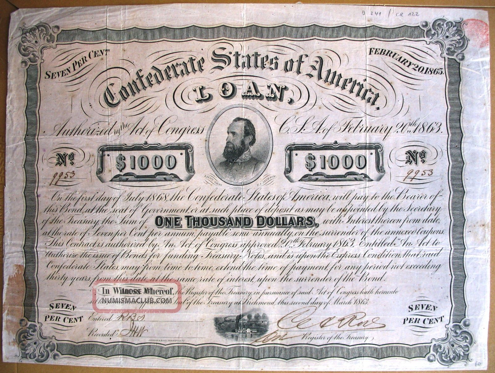 Confederate States Of America Loan Richmond Virginia 1863 Civil War Usa Cr 122 Stocks & Bonds, Scripophily photo