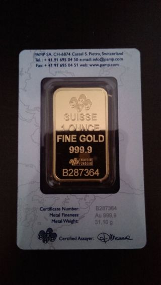 1 Oz Gold Bar Pamp Suisse Lady Fortuna Veriscan.  9999 Fine (in Assay) photo
