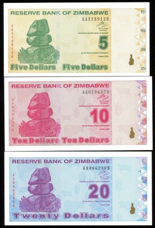 Zimbabwe 2009 5,  10,  20,  50,  100 Dollars P - 93 - P - 97 