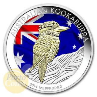 2014 1oz $1 Australian Flag 999 Fine Silver Patriotic Kookaburra 24k Gold Gilded photo