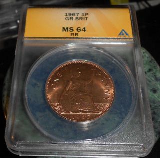 1967 Ms 64 Red/brown Great Britain Penny Anacs/ The Coin Melted For Its Copper photo