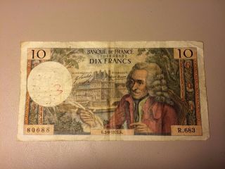 1971.  K Banque De France 10,  Dix Francs Bank Note Voltaire - Circulated photo
