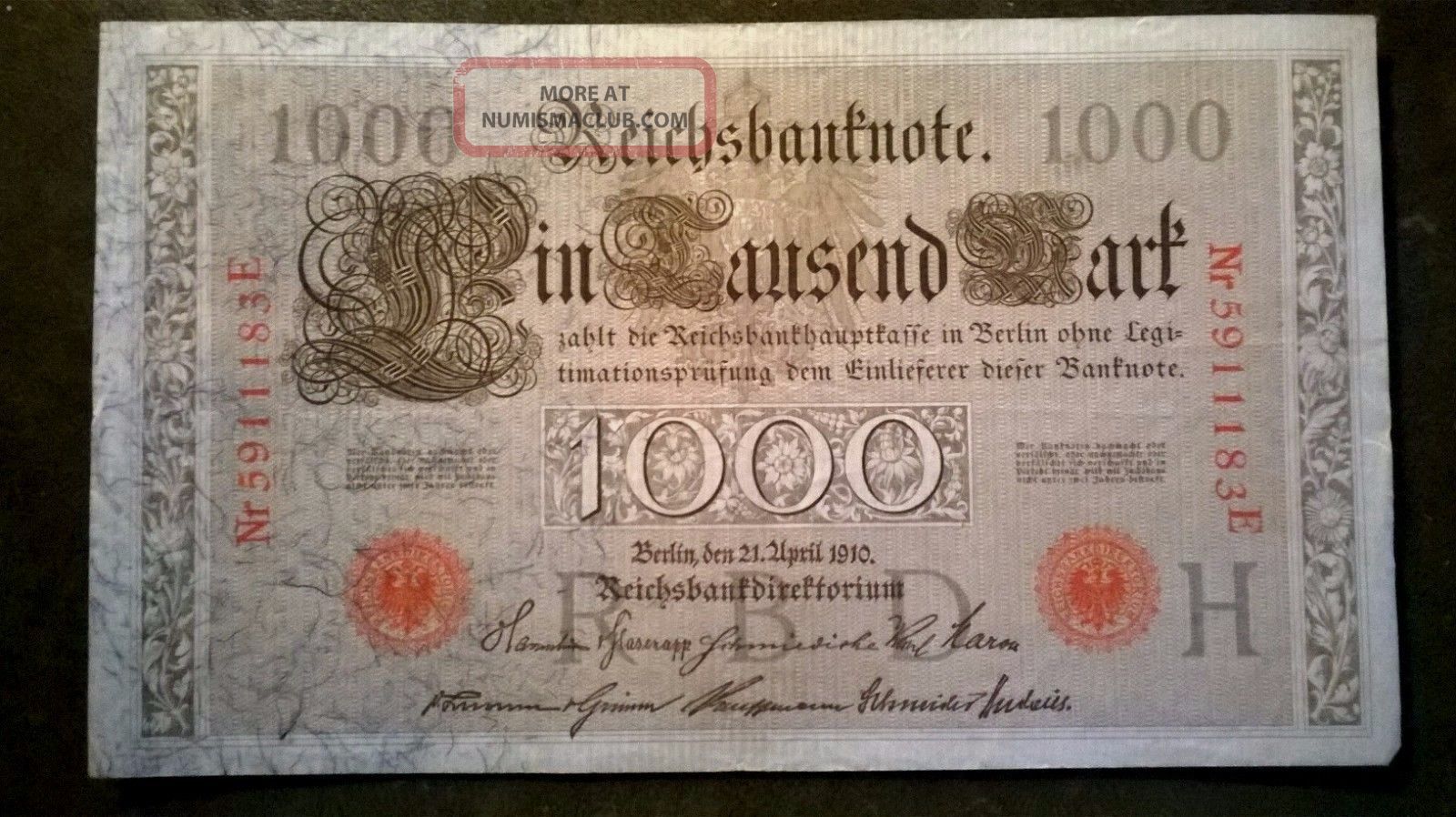Germany Reichsbanknote 1000 Mark 21. 04. 1910 Red Seal As Each Germany Reichsbanknote 1000 Mark 21. 04. 1910 Red Seal As Each