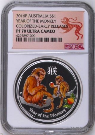 2016 P Australia Proof Colorized Silver Lunar Year Of Monkey Ngc Pf70 1oz Coin photo