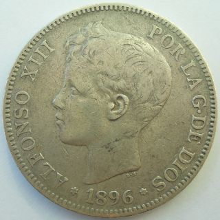 Spain Big Silver 5 Pesetas Coin 1896,  Silver 0.  900,  25g,  37.  4mm photo