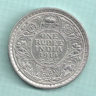 British India - 1914 - King George V Emperor - One Rupee - Rare Silver Coin photo
