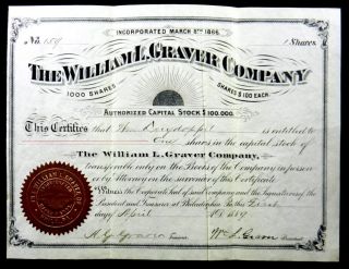 Stock Certificate 1889 William L Graver Company Pennsylvania 1 Share Capital photo