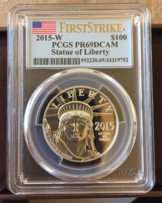 2015 Proof Platinum $100 1 Oz Pcgs Pr69dcam Statue Of Liberty First Strike photo