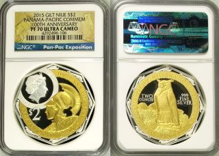2015 Niue $2 Silver 2oz Panama - Pacific 100th Anniv Comm Octagonal Coin Ngc Pf70 photo