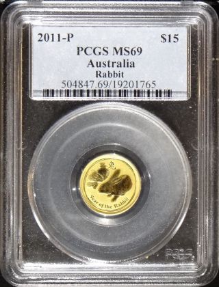 2011 - P Australia Rabit $15 Pcgs Ms69 1/10 Ozt 9999 Investment Grade Gold Nr photo