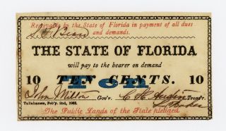 1863 10c The State Of Florida Note - Civil War Era Xf/au photo