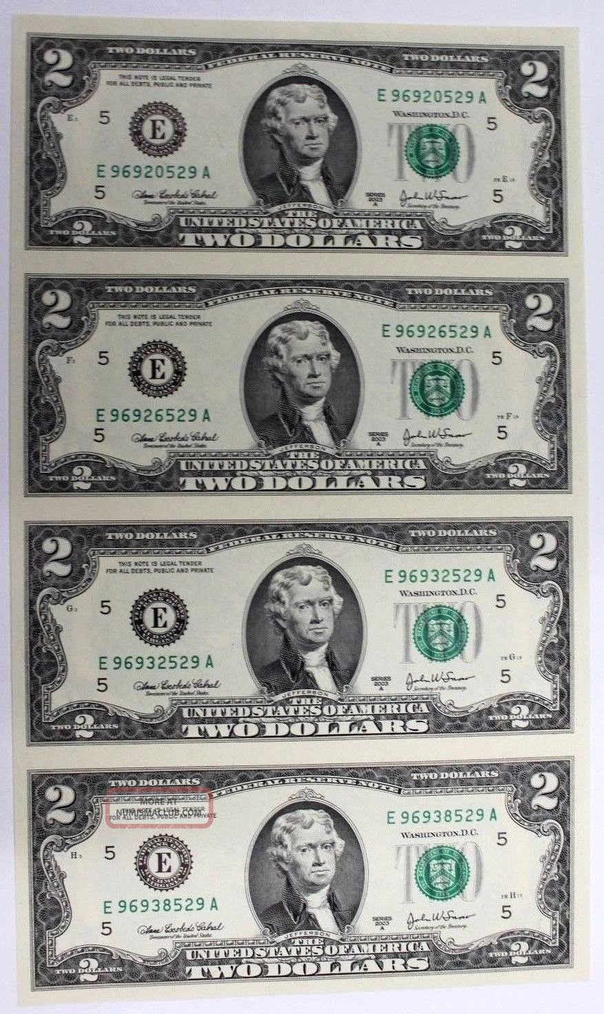 Uncut Sheet Of $2 Two Dollar Bills Us X4 Bills Fr.  1938 - F 2003a Great Gift Small Size Notes photo
