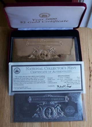 National Collector`s Year 2000 $2 Gold Certificate In Case With photo