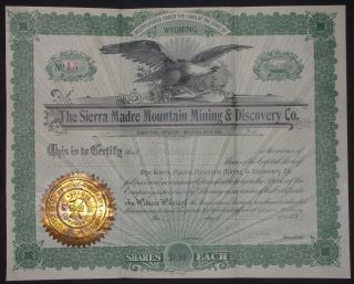 Vintage Stock Certificate The Sierra Madre Mountain & Mining Discovery Co.  1897 photo