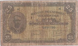 French West Africa 25 Francs 14.  12.  1942 P 30a Series H Circulated Banknote photo