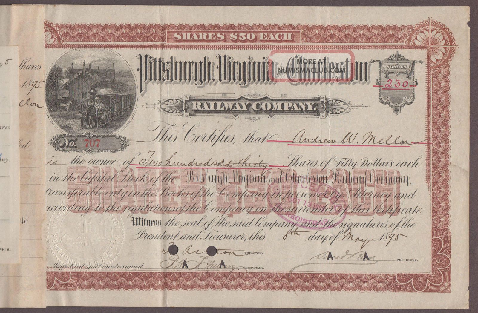 Andrew Mellon Signed 1891 Pittsburgh Virginia & Charleston Rwy Stock Certificate Transportation photo