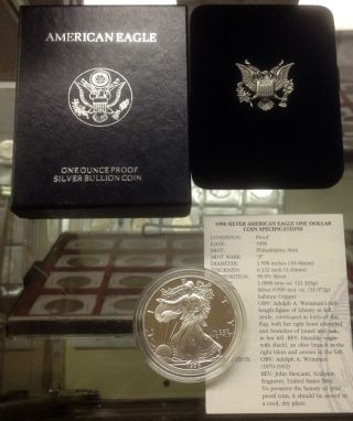 1998 American Eagle Silver Proof One Ounce Bullion Coin (w Box &) photo