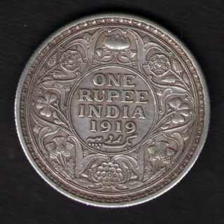 British India - 1919 - George V One Rupee Silver Coin Ex - Rare Date photo