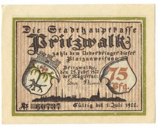 Germany Pritzwalk 75 Pfennig 1922 Marfte Banknote Notgeld Uncirculated photo