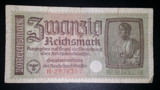 Nazi Germany Third Reich 20 Reichsmark Banknote,  F,  H2976757,  Wwii,  Ww2 photo