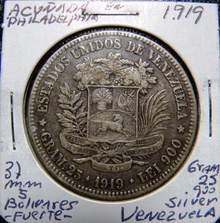 Venezuela Silver Coin Gram 25,  5 Bolivares,  1919 Scarse photo