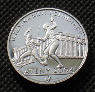 Silver 10 Zl Coin Of Poland - 2004 Summer Olympic Games Athens Greece Ag Fencing photo