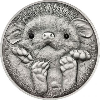Authentic Long Eared Hedgehog Wildlife Protection Silver Coin Mongolia 2012 photo