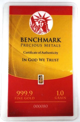1grain (not Gram) 24k Pure Gold.  999 Fine Benchmark Strategic Metals With Cert A4 photo
