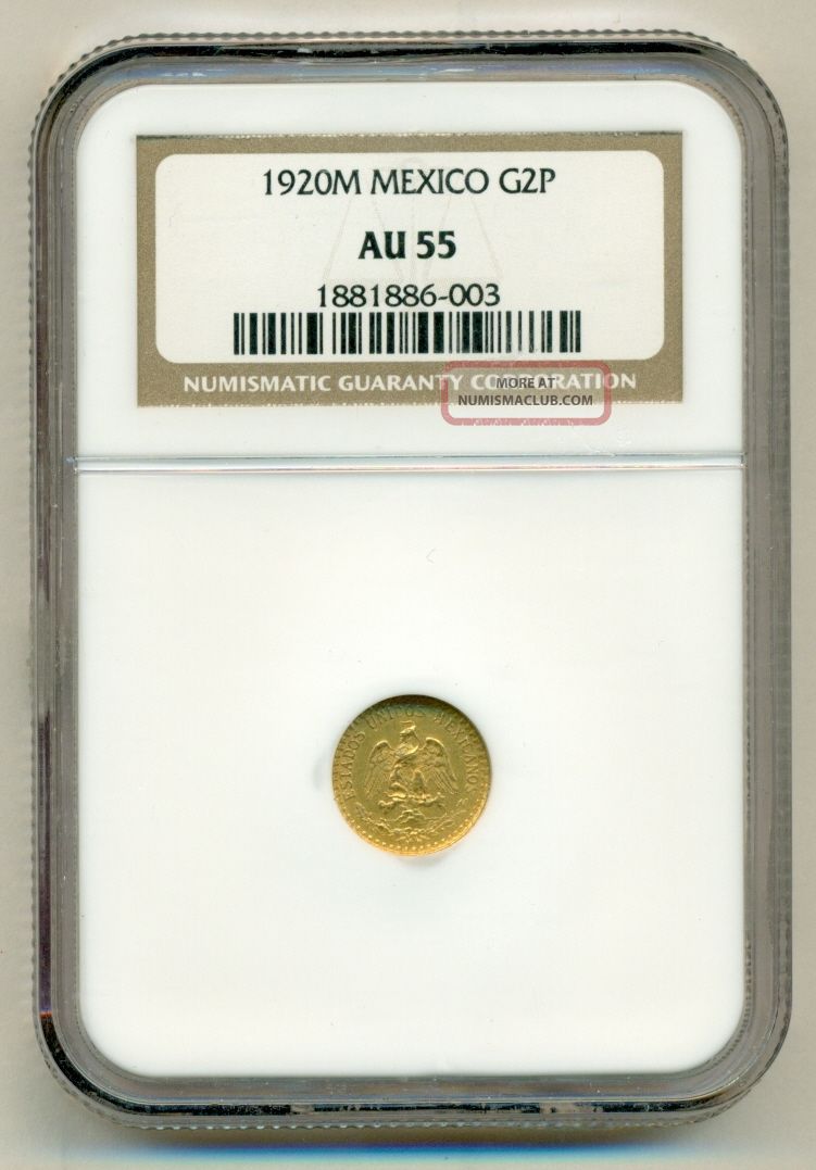 1920 - Dos 2 Peso Gold Mexico Coin Rare Pcgs Graded Au55 Bullion Mexico photo