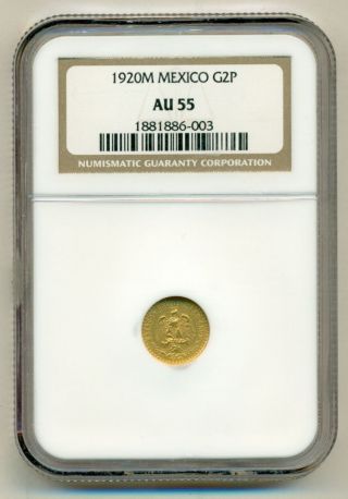 1920 - Dos 2 Peso Gold Mexico Coin Rare Pcgs Graded Au55 Bullion photo